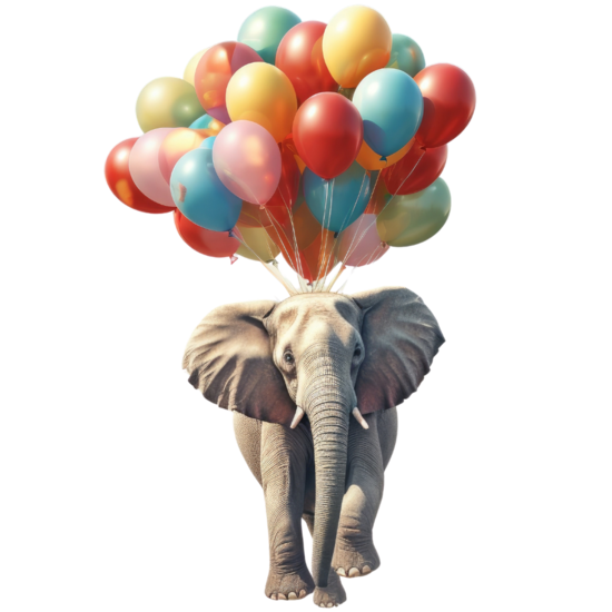 Elefant hängt an Luftballons